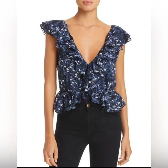 Bardot NWT Emily Ruffled Floral Print Bodysuit in a navy blue color. size 12 - Picture 2 of 7